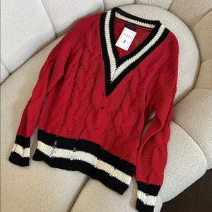 rag & bone Red Cable Knit V-Neck Sweater with Black & Cream Trim